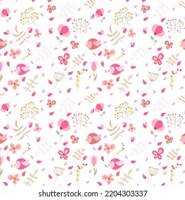 Seamless vector background with birds and flowers. Children style doodle