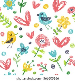 Seamless vector background and birds   flowers  Children style 
