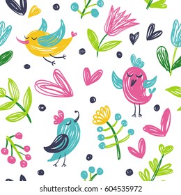 Seamless vector background with birds, hearts and flowers. Children style.