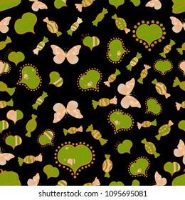Seamless vector background with black, green and beige hearts. Love, wedding, Valentines day design.
