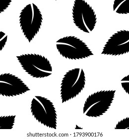Seamless vector background with black leaves. Mint leaves. Vector illustration. Template for fabric, packaging, paper, wallpaper.