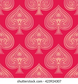 Seamless, vector background with black suits of playing cards. Pattern of ornamental pink spades. Template for textile, wallpaper, carpet.