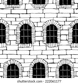 Seamless vector background of black and white brick wall ancient building with vertical windows (drawn with ink).