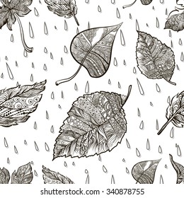 Seamless vector background black and white doodle autumn foliage with waterdrops isolated on white background