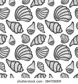 Seamless vector background with black and white sea shells pattern. Hand drawn doodles. Marine textile collection.