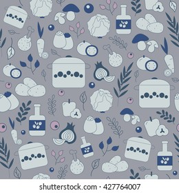 Seamless vector background with blue color icons of soup ingredients