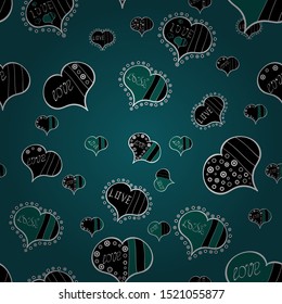 Seamless vector background with blue, green and black hearts. Love, wedding, Valentines day design.