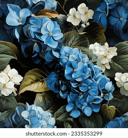 Seamless vector background with blue hydrangea flowers, vintage watercolor painting style.