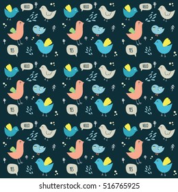 Seamless vector background with blue, pink, grey abstract cute birds on dark background. Textile pattern, wrapping, wallpaper