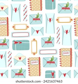 Seamless vector background in blue tones with diary, envelopes, stationery. Ideal for printing on fabric, wallpaper, wrapping paper, packaging, greeting cards, Valentine's Day party.