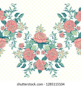 Seamless vector background. Border with a bouquet french roses and polka dot backdrop
