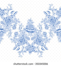 Seamless vector background with border. A bouquet french roses and polka dot backdrop.