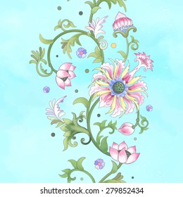 Seamless vector background. Border on watercolor basis. Imitation of chinese porcelain painting. Lotus flowers and leaves are painted by watercolor.
