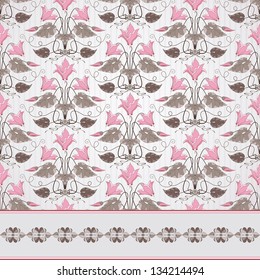 Seamless vector background and border. Vintage floral pattern in modern style on  background with stripes and blotches. Decorative ornament of cyclamen plants.