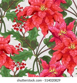 Seamless vector background with branches of poinsettia and holly with berries. Norwegian pattern on backdrop. Christmas collection. 