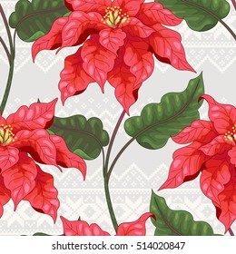 Seamless vector background. Branches of poinsettia flowers on Scandinavian ornament. Christmas collection. 