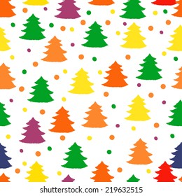 Seamless vector background with bright Christmas trees and dots on white. New Year background. Wallpaper, gift wrapping paper, textile, stationery design element.