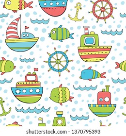 Seamless vector background with bright fishes and ships.