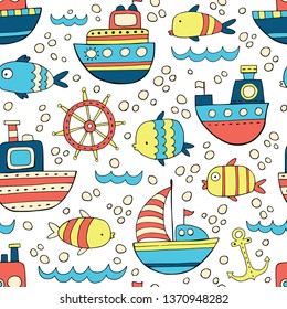Seamless vector background with bright fishes and ships.