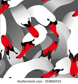 Seamless vector background bright flat stylized swans, a group of graceful white swan birds hugging by neck, in texture, textile, prints design for love, wedding.
