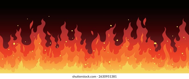 A seamless vector background of bright red and orange flames with glowing sparks. Perfect for game interfaces, danger signs, or hot sale banners. Loopable left and right for extended layouts.