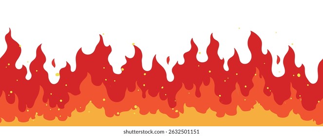 A seamless vector background of bright red and orange flames with glowing sparks. Perfect for game interfaces, danger signs, or hot sale banners. Loopable left and right for extended layouts.