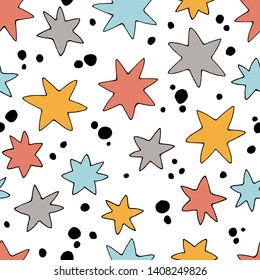 Seamless vector background with bright stars in black contour.