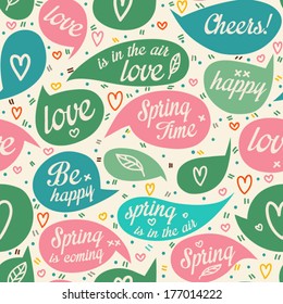 Seamless vector background with bubbles, hearts and letters. Spring time. Kids elements for scrap booking. Childish background. Hand drawn vector illustration.