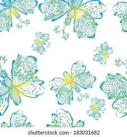 Seamless vector background with butterflies, hand drawn illustration. 