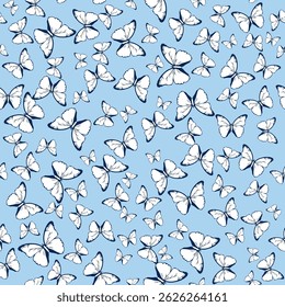 Seamless vector background of butterflies. Hand drawn insects isolated on blue background illustration. Concept of spring season, Easter, nature.