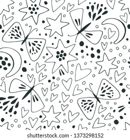 Seamless vector background with butterflies, hearts and stars.