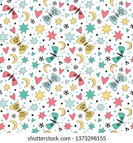 Seamless vector background with butterflies, hearts and stars.
