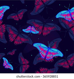 Seamless vector background with butterflies in purple and pink. 

