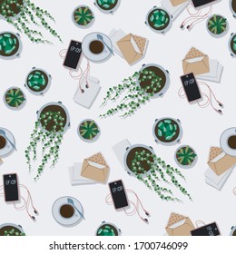 Seamless vector background with cacti and a cup of coffee. Ideal for printing and textiles.