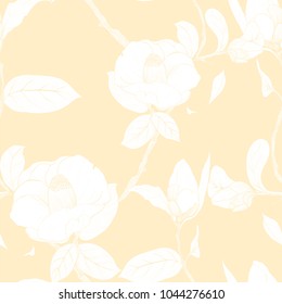Seamless vector background. Camellia - flowers, buds and leaves. Decorative composition. Use printed materials, signs, items, websites, maps, posters, postcards, packaging.