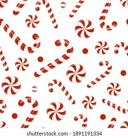 Seamless vector background with candy. Christmas pattern with candy canes and round candy vortex. Vector background for printing, winter holidays, greeting cards, fabric, textiles, wrapping paper.