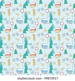 Seamless vector background with cars and bicycles