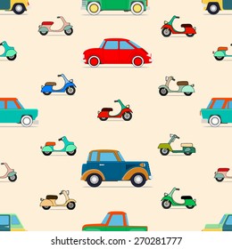 Seamless vector background of vector cars and scooter