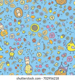 Seamless vector background. Cartoon animals, flowers, berries. Suitable for children's bedding, or clothes, flyer children's books.