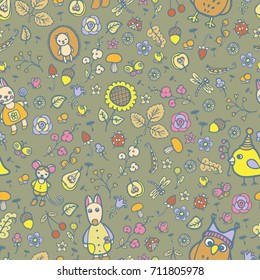 Seamless vector background. Cartoon animals, flowers, berries. Suitable for children's bedding, or clothes, flyer children's books.