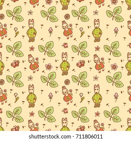 Seamless vector background. Cartoon animals, flowers, berries. Suitable for children's bedding, or clothes, flyer children's books.