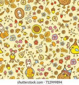 Seamless vector background. Cartoon animals, flowers, berries. Suitable for children's bedding, or clothes, flyer children's books.