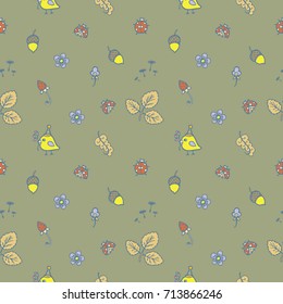 Seamless vector background. Cartoon animals, flowers, berries. Suitable for children's bedding, or clothes, flyer children's books.
