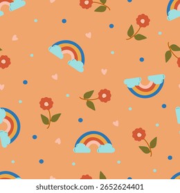 Seamless vector background with cartoon flower and rainbow. Seasonal and flora theme vector for wallpaper, textile, fashion, background, stationery, wrapping, card, and phone cases.