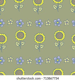 Seamless vector background. Cartoon flowers, sunflower. Suitable for children's bedding, or clothes, flyer children's books.