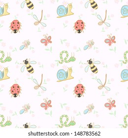 Seamless vector background with cartoon insects.