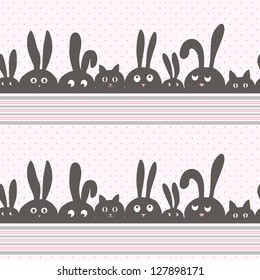 Seamless vector background with cartoon rabbits and kittens