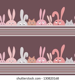 Seamless vector background with cartoon rabbits and kittens