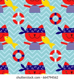 Seamless vector background with cats sailors. Cat with fish. Vector cute illustration. Textile rapport.
