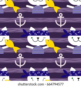Seamless vector background with cats sailors. Cat with fish. Vector cute illustration. Textile rapport.

